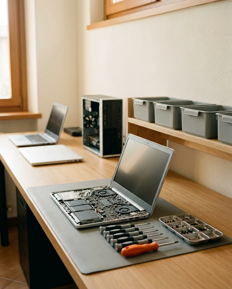 Banco di laboratorio con un portatile aperto, cacciaviti di precisione e altri apparecchi in attesa