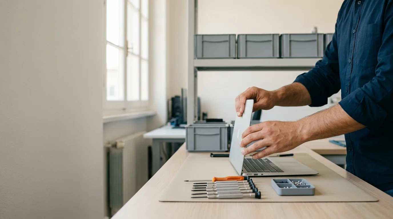 Mani di un tecnico che apre un portatile su un banco di lavoro con set di cacciaviti