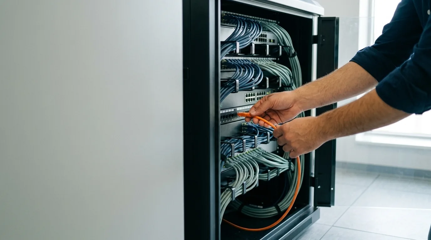 Tecnico che cabla un armadio di rete con cavi patch
