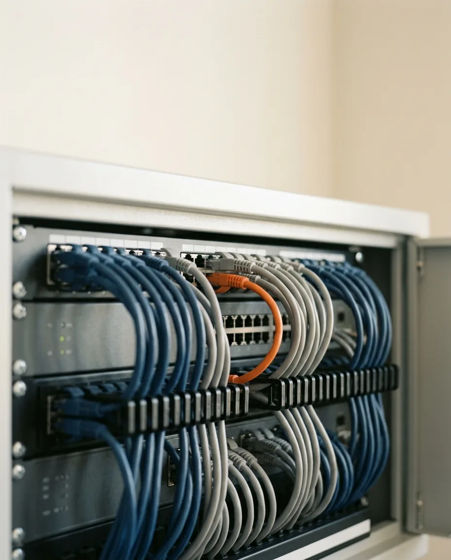 Dettaglio di un patch panel con cavi di rete ordinati in un armadio rack