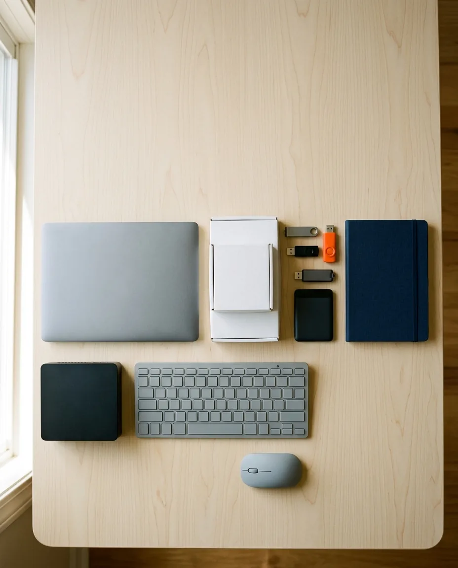 Dispositivi e accessori informatici generici ordinati su un tavolo: portatile, mini PC, tastiera, mouse, chiavette USB