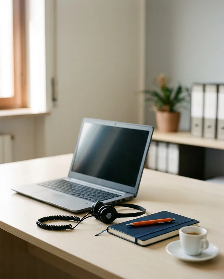 Postazione di help desk con portatile, cuffia e blocco appunti