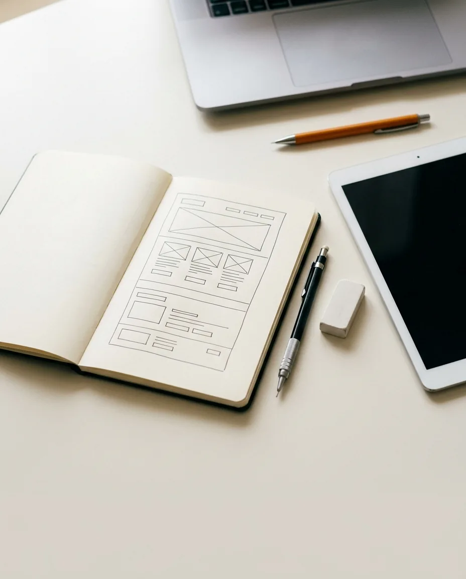 Scrivania con taccuino di schizzi di wireframe, matita, tablet e portatile