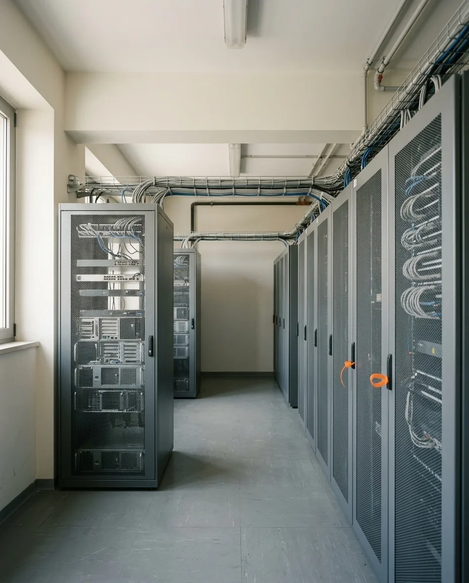 Corridoio di una sala server con armadi rack e cablaggio ordinato